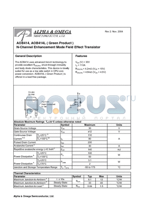 AOB414 datasheet - N-Channel Enhancement Mode Field Effect Transistor