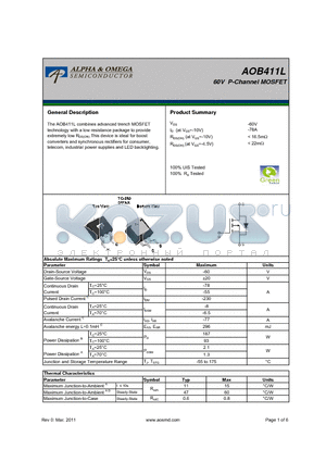 AOB411L datasheet - 60V P-Channel MOSFET