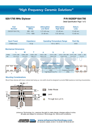 0920DP18A1795 datasheet - 920/1795 MHz Diplexer