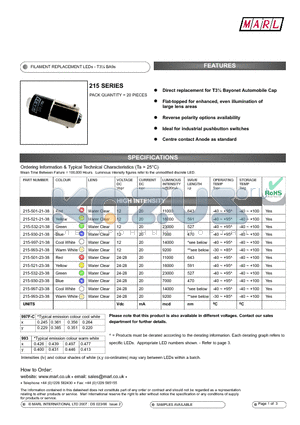 215-521-23-38 datasheet - FILAMENT REPLACEMENT LEDs - T3l BA9s