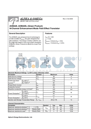 AOB420L datasheet - N-Channel Enhancement Mode Field Effect Transistor