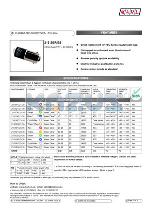 215-532-23-38 datasheet - FILAMENT REPLACEMENT LEDs - T3l BA9s