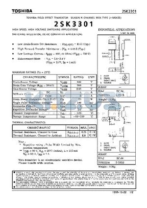 2SK3301 datasheet - N CHANNEL MOS TYPE (HIGH SPEED, HIGH VOLTAGE SWITCHING, SWITCHING REGULATOR, DC-DC CONVERTER APPLICATIONS)