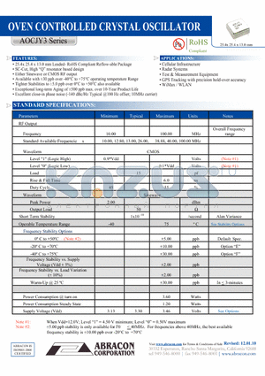 AOCJY3 datasheet - OVEN CONTROLLED CRYSTAL OSCILLATOR