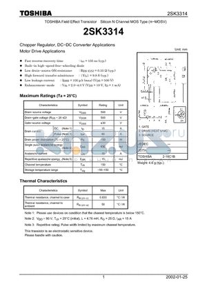 2SK3314 datasheet - TOSHIBA Field Effect Transistor Silicon N Channel MOS Type (PI-MOSV)