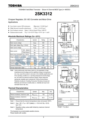 2SK3312 datasheet - Silicon N Channel MOS Type Chopper Regulator, DC−DC Converter and Motor Drive Applications