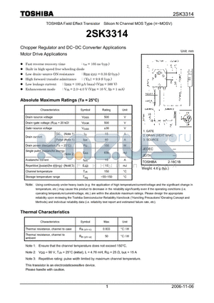 2SK3314 datasheet - Silicon N Channel MOS Type Chopper Regulator and DC−DC Converter Applications Motor Drive Applications