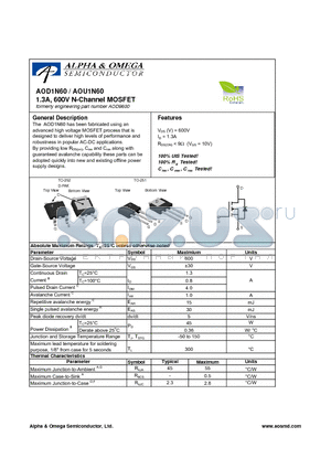 AOD1N60 datasheet - 1.3A, 600V N-Channel MOSFET