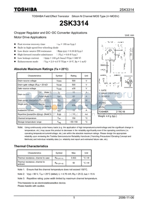 2SK3314_06 datasheet - Silicon N Channel MOS Type Chopper Regulator and DC−DC Converter Applications Motor Drive Applications