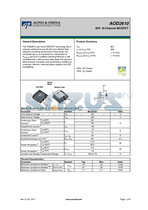 AOD2610 datasheet - 60V N-Channel MOSFET