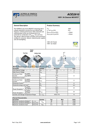 AOD2910 datasheet - 100V N-Channel MOSFET