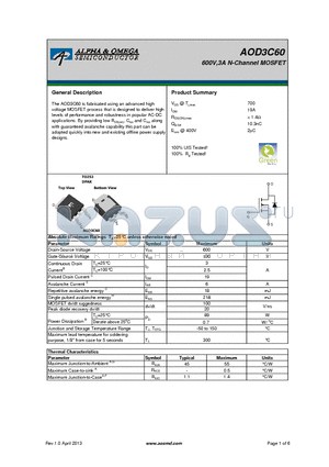 AOD3C60 datasheet - 600V,3A N-Channel MOSFET