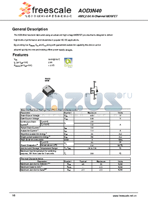 AOD3N40 datasheet - 400V,2.6A N-Channel MOSFET