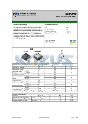 AOD2916 datasheet - 100V N-Channel MOSFET