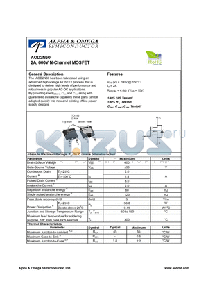 AOD2N60 datasheet - 2A, 600V N-Channel MOSFET