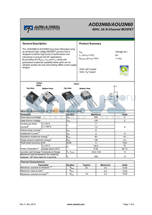 AOD2N60 datasheet - 600V, 2A N-Channel MOSFET