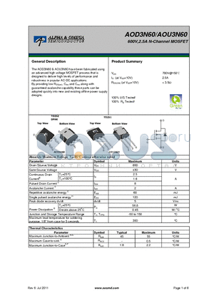 AOD3N60 datasheet - 600V,2.5A N-Channel MOSFET