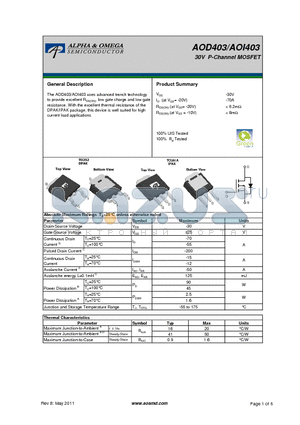 AOD403 datasheet - 30V P-Channel MOSFET