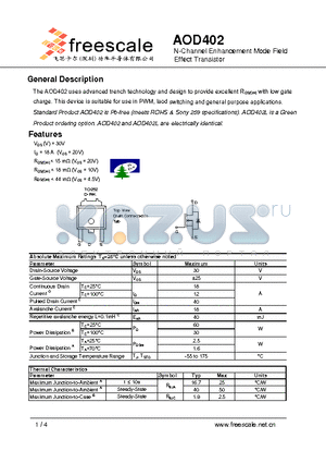 AOD402 datasheet - N-Channel Enhancement Mode Field Effect Transistor