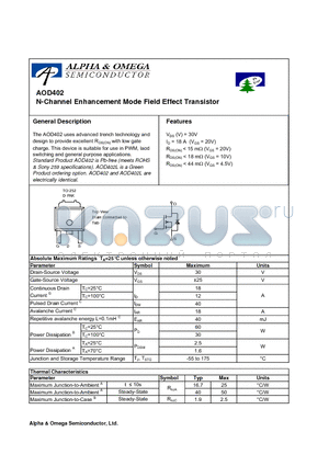 AOD402L datasheet - N-Channel Enhancement Mode Field Effect Transistor