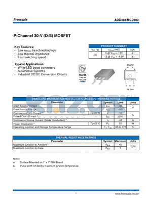AOD403 datasheet - P-Channel 30-V (D-S) MOSFET White LED boost converters