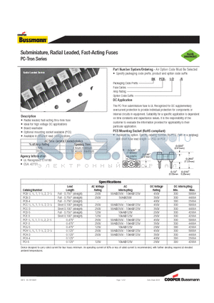 BKPCB-12-R datasheet - Subminiature, Radial Leaded, Fast-Acting Fuses