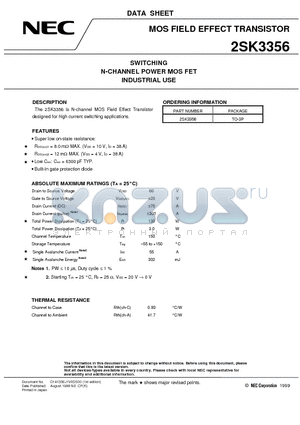 2SK3356 datasheet - SWITCHING N-CHANNEL POWER MOS FET INDUSTRIAL USE