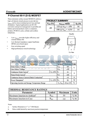 AOD407 datasheet - P-Channel 60-V (D-S) MOSFET High performance trench technology