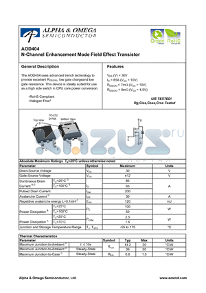 AOD404_08 datasheet - N-Channel Enhancement Mode Field Effect Transistor