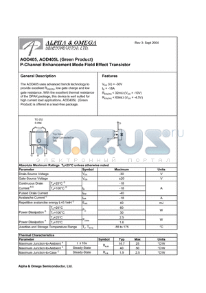 AOD405 datasheet - P-Channel Enhancement Mode Field Effect Transistor