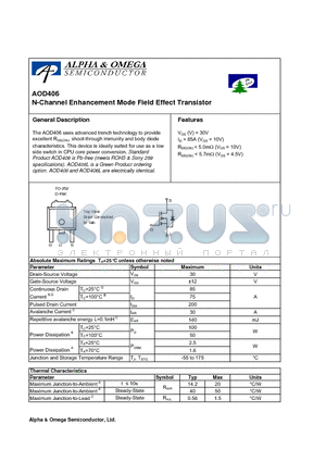 AOD406 datasheet - N-Channel Enhancement Mode Field Effect Transistor