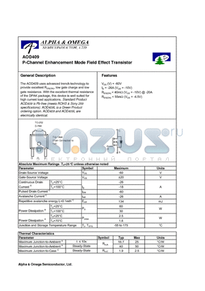 AOD409 datasheet - P-Channel Enhancement Mode Field Effect Transistor