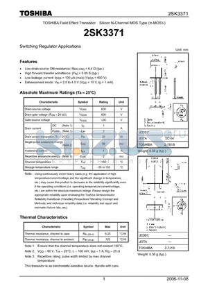 2SK3371 datasheet - Silicon N-Channel MOS Type Switching Regulator Applications