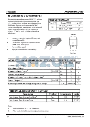 AOD410 datasheet - N-Channel 30-V (D-S) MOSFET High performance trench technology
