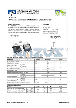 AOD4128 datasheet - N-Channel Enhancement Mode Field Effect Transistor