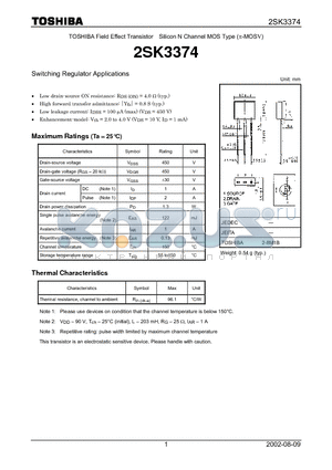 2SK3374 datasheet - TOSHIBA Field Effect Transistor Silicon N Channel MOS Type (pi-MOSV)