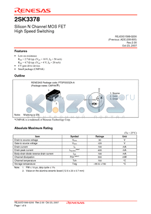 2SK3378ENTR-E datasheet - Silicon N Channel MOS FET High Speed Switching