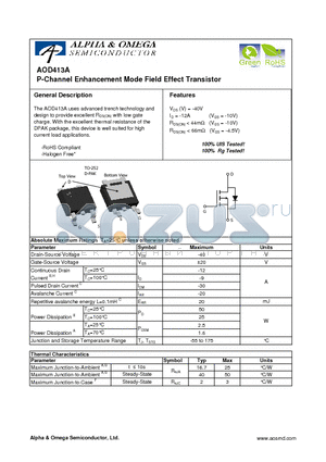 AOD413A datasheet - P-Channel Enhancement Mode Field Effect Transistor