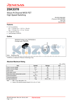 2SK3378ENTL-E datasheet - Silicon N Channel MOS FET High Speed Switching