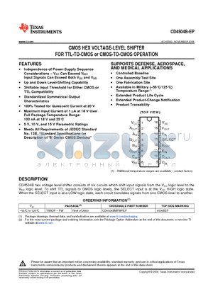 CD4504B-EP datasheet - CMOS HEX VOLTAGE-LEVEL SHIFTER FOR TTL-TO-CMOS or CMOS-TO-CMOS OPERATION
