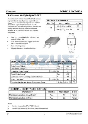 AOD413A datasheet - P-Channel 40-V (D-S) MOSFET High performance trench technology