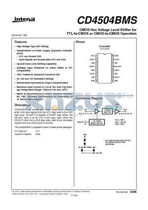 CD4504BMS datasheet - CMOS Hex Voltage Level Shifter for TTL-to-CMOS or CMOS-to-CMOS Operation