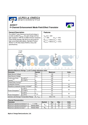 AOD417 datasheet - P-Channel Enhancement Mode Field Effect Transistor