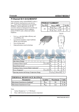 AOD417 datasheet - P-Channel 32-V (D-S) MOSFET High performance trench technology