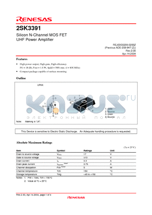 2SK3391JX datasheet - Silicon N-Channel MOS FET UHF Power Amplifier
