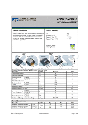 AOD418 datasheet - 30V N-Channel MOSFET