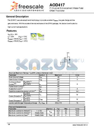 AOD417 datasheet - P-Channel Enhancement Mode Field