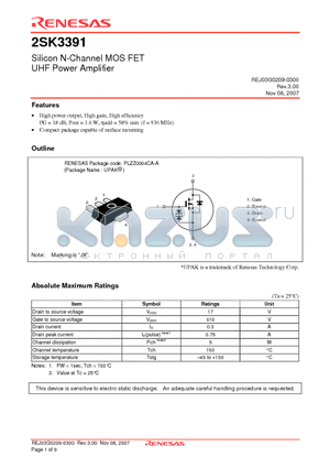 2SK3391JXTL-E datasheet - Silicon N-Channel MOS FET UHF Power Amplifier