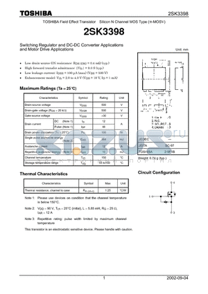 2SK3398 datasheet - Switching Regulator and DC-DC Converter Applications and Motor Drive Applications