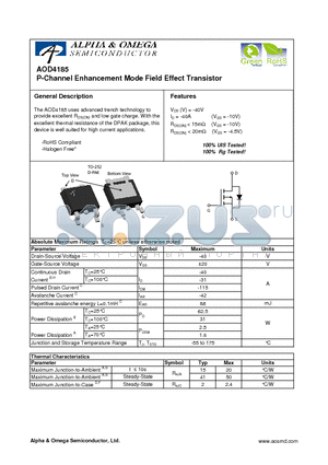 AOD4185 datasheet - P-Channel Enhancement Mode Field Effect Transistor